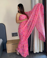Ready To Wear Pink Georgette Saree with Printed Work & Blouse Piece | Stitched Saree | Party Wear Saree Online Shopping
